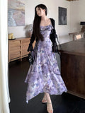 MQTIME  -  Spring New Women French Sleeveless Retro Camisole Dress Irregular Mesh Printed Dress Slim Ruffles Long Fairy Dress