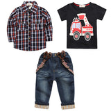 MQTIME  -  2Piece Spring Autumn Toddler Boy Outfits Baby Clothes Casual Cartoon Plaid Cotton Shirt+T-shirt+Jeans Kids Clothing Set BC1350