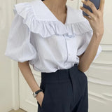 MQTIME  - Korean Style Female Shirts Summer Minimalist Navy Collar Ruffle Stripe Blouse Loose Single Breasted Short Bubble Sleeve Tops