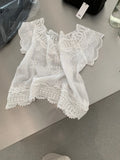  MQTIME  -  Summer Vacation Vintage Embroidery Crochet Solid V Neck Short Sleeve Women Blouse