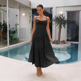 MQTIME  -  Beach Dress Solid Color Strapless A-line Maxi Dress Spliced Vacation Long Layered Dress Mujer Vestidos Boho Sundress