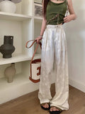 MQTIME  -  Satin Flower Graphic Long Pants Women Elastic High Waisted Wide Leg Pants Chinese Style Fashion Summer Loose Trousers