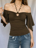  MQTIME  -  American Vintage Solid Beading Halter Short Sleeve All Match Slim-waist Top Female