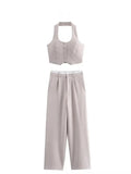  MQTIME  -  Women Fashion Solid Vest Pant Suit Single Breasted Halter Cropped Vests Top High Waist Patchwork Trouser Office Lady Sets