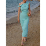  MQTIME  -  Women's Solid Color Sleeveless Asymmetrical Maxi Dress Slim Fit Sexy Pleated Chic Summer Fashion Holiday Style with Slit