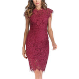 MQTIME  -  Lace Dress Ruffled Neck Slim Fit Party Dress Short Sleeve Hollow Out Elegant Wine Red Vestidos Femme Evening Robes