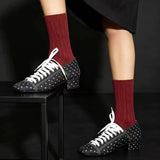MQTIME  -  Vintage Denim Blue Lace-Up Chunky Heels Women's Pumps Polka-Dot Square-Toe Mary Jane Shoes Ballet-Style Dress Shoes Lolita Shoes