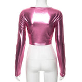 MQTIME  -  Women Y2K Metallic Gilding Long Sleeve T-shirts Fashion O-Neck Long Sleeve Slim Bare Midriff Club Party Tops Streetwear Tees