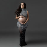 MQTIME  -  2Pcs/set Shiny Rhinestone Maternity Dresses For Photo Shoot Sexy Goddess Stretch Fabric Skirt For Pregnancy Photo Accessory