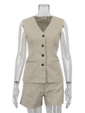 MQTIME  -  2024 Spring Summer Women Office Linen Shorts Set Sleeveless V-neck Outfit Solid Khaki 2 Piece Matching Sets For Women