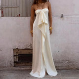 MQTIME  -  Strapless Ruffle Edge Solid Color Casual Long Dress Backless Street Swing Women's Summer Dress Club Party Hollow Out Sexy Dress