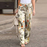 MQTIME  -  Women S Printed Cotton Linen Casual Pants Elastic Waist Comfortable Loose Fit Long Trousers Ready To Ship Stock Available