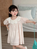  MQTIME  -  New Summer Baby Girls Pink Princess Dresses Puff Sleeve Lace Embroidery Toddlers Kids Casual Dress