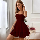 MQTIME  - 2024 Spring/Summer Fashion Open Back Bow Tie Lace Sexy Hanging Strap Solid Color Casual Elegant Women's Wear Mini Dress YSQ05