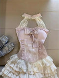 MQTIME  -  Korea Sweet Lace Two Piece Set Women Pink Bow Hollow Out Tops + Layered Ruffle Skirt Suit Elegant Princess Fairy Style Outfit
