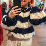 MQTIME  -  Women Autumn Winter Loose Fit Knitwear Jumpers Vintage Striped Fuzzy Knitted Sweater Casual Boat Neck Long Sleeve Pullover Tops