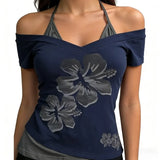 cAmerican Retro T-shirt Fashion Street Wear Halter Neck Fake Two T-shirt Harajuku Summer Casual Tees Ladies Y2K Hottie  T-shirts