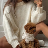 MQTIME  -  Women Casual Oversized Knit Sweaters Fall Winter Long Sleeve Round Neck Solid Color Pullovers Loose Fit Jumper Knitwear Tops