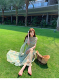MQTIME  -  Green Tie-dye Mesh Suspender Dress Women's Summer High-end Seaside Vacation Slim-fitting Hip-wrapped Dress
