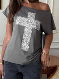 MQTIME  -  Casual Loose Rivet Skew Collar Short Sleeve Streetwear Print Women's T-shirts