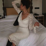  MQTIME  -  Sexy V-neck Long Sleeve Lace Patchwork Dress Women Elegant Double-layer Stretchy Party Club Evening Dress Wedding Outfit