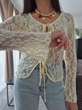 MQTIME  -  Sexy Lace Lace-Up Hollow Out Slim Tops Women Fashion V-Neck Full Sleeve Slim Female T-Shirt 2025 Summer Autumn Chic Lady Shirts