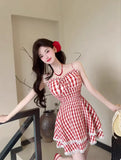 MQTIME  -  Plaid Dresses Women Bandage Sleeveless Slim Lace Patchwork Summer Fashion Sweet Elegant Party Mini Dress Female Casual