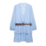 MQTIME  -  Cotton Ruffles Mini Dress Women Long Sleeve V-neck Elegant High Waist A-line Dresses Female 2025 Summer Button Up Street Robe