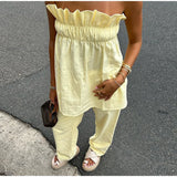 MQTIME  -  Tube Top Pant Women's Set Backless Off Shoulder Pleated Blouse High Waist Wide Leg Pants Lady Suit 2025 Summer Female Streetwear