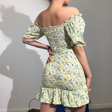 MQTIME  -  Cottagecore One-shoulder Mini Dress Ruffled Floral Summer Mini Dress for Women Short Sleeve Elegant Temperament Commuter Dress