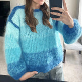 MQTIME  -  Women Autumn Winter Loose Fit Knitwear Jumpers Vintage Striped Fuzzy Knitted Sweater Casual Boat Neck Long Sleeve Pullover Tops