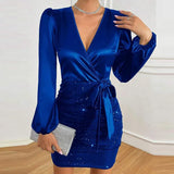 Mqtime Elegant 2024 Long Sleeve Women Party Dress Sexy Sequins Deep V-Neck Bodycon Mini Dress Fashion Club Lace-up Wrap Velvet Dress