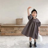 MQTIME  -  Summer Korean Style Baby Girls Cotton Dresses Puff Sleeve Solid Color Kids Robe Children Casual Dress