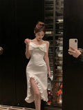 MQTIME  -  Woman Dress Elegant Bowknot Irregular Ruffles V Neck Sleeveless Splir Slim Mermaid Dresses Party Cocktail Temperament