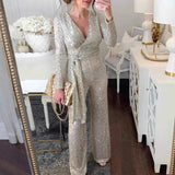 MQTIME  -  Fashion Sequins Lace Up Party Jumpsuit Winter Elegant Draped Long Sleeve Women's Romper Winter V Neck Wide Leg Club Combination