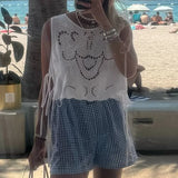 MQTIME  -  Boho Style Sleeveless Beachwear T-shirt New Spring Summer O-neck Vest Tops for Women Sexy Embroidery Hollow Out Lace Shirt Mujer