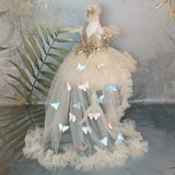 MQTIME  -  Champagne Flower Girl Dresses Colorful Flowers Butterfly Sequin With Bow And Tailing For Wedding Birthday Party Princess Gowns
