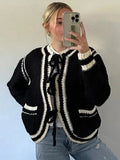 MQTIME  -  Elegant Knitted Lace Up Cardigan Women Winter Casual Loose Contrast Color O-neck Pockets Sweaters Female Warm Chic Knitwear