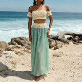 MQTIME  -  Simple Solid Bikini Cover Up Outfit Summer Beach Exposed Navel Women's Two Piece Sexy Strapless Top with Long Skirt Holiday Suit