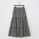 MQTIME  -  Maxi Gingham Skirt Women Ankle Length Cotton-linen Black & White Plaid Elastic Waist Tiered Pleated Long Skirt Ladies falds