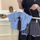 MQTIME  -  Children's Clothing Suit Summer Girl Campus Fashionable Stripe Flying Sleeve Shirt Top+ Irregular Short Skirt School Uniform