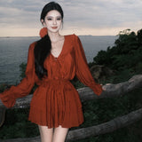 MQTIME  -  Autumn Set Women 2024 New Two-piece Suit Red V Neck Long Sleeve Ruffles Lace-up Blouses And High Waist Pleated Half Short Skirts