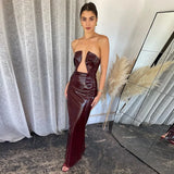 MQTIME  -  Hollow Out Cut Out Evening Leather Dress Sleeveless Backless Zipper Floor-length Bodycon Robe Back Split Zipper Party Dresses