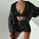﻿ MQTIME  -  Casual 3 Piece Set Camis Crop Tops + Long Sleeve Single Breasted Cardigans+ Shorts Fashion Women Solid Streetwear Suits Clubwear