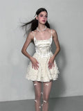 MQTIME  -  Y2K Short Dresses for Women Summer New High Waist White Lace Party Spaghetti Strap Streetwear Korean Ruffles A-line Mini Vestido