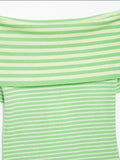 MQTIME  -  Green Striped Top Woman Chic Short Sleeve Off-shoulder Ribbed Knit Slim Fit Blouse  Casual Summer Street Holiday Shirts Y2k