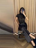 MQTIME  -  Chic Lace See Through Short Shirt Women Elegant Solid High Collar Short-sleeved Slim Cropped Top Lady Evening Party Blouse