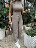 MQTIME -  2024 New Solid Casual Pants Sets Women Spring Summer Side Drawstring Cropped Tops+high Waist Trouser Suits Fashion Chic Outfits
