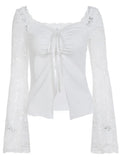 MQTIME  -  Elegant Temperament Solid Lace Patchwork V Neck Flare Sleeve Lace-up Sexy Women's T-shirts