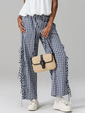  MQTIME  -  Women Plaid Wide Leg Pants Side Tie-Up Hollow-Out Loose Straight Trousers Bottoms Spring Summer Fashion Casual Sweatpants
